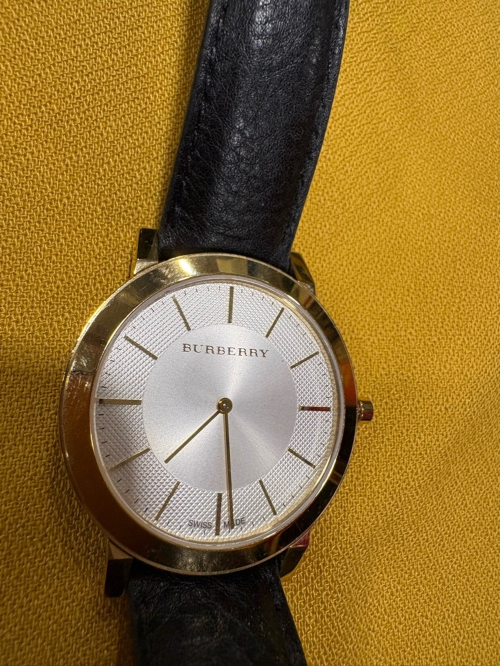 Burberry Gold Tone Case Silver Dial Black Leather Strap Men's Watch
